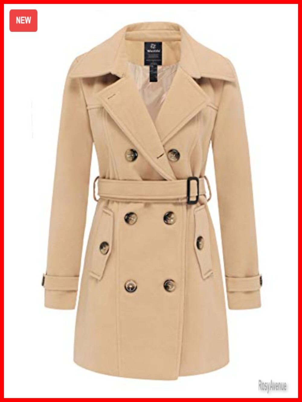 Women's Double Breasted Pea Coat Mid-Long Trench Coat with Belt